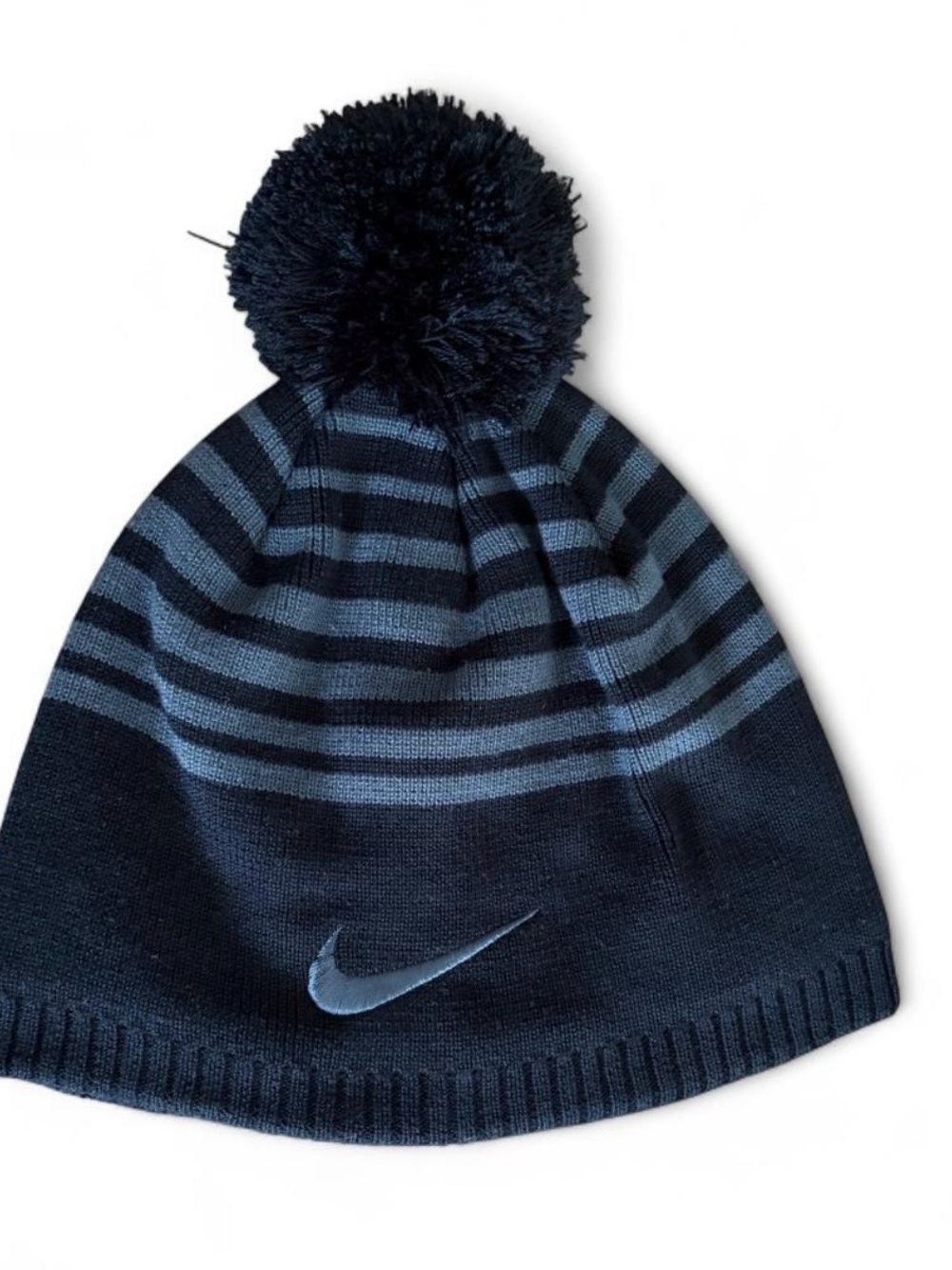 Nike Youth Kids Pom Pom Beanie - Black + Gray Striped with Swoosh